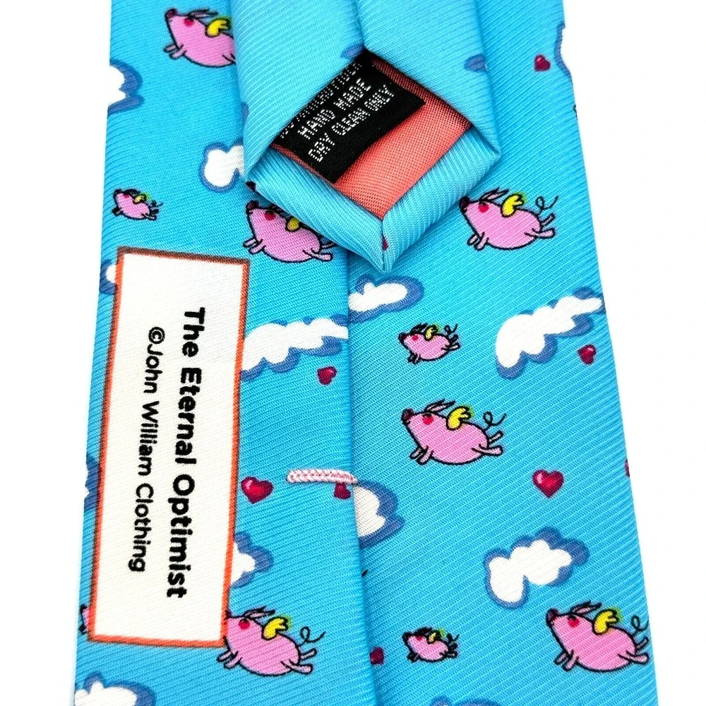Flying Pig‎ Necktie Mens Blue Pink John William Eternal Optimist Polyester Tie
